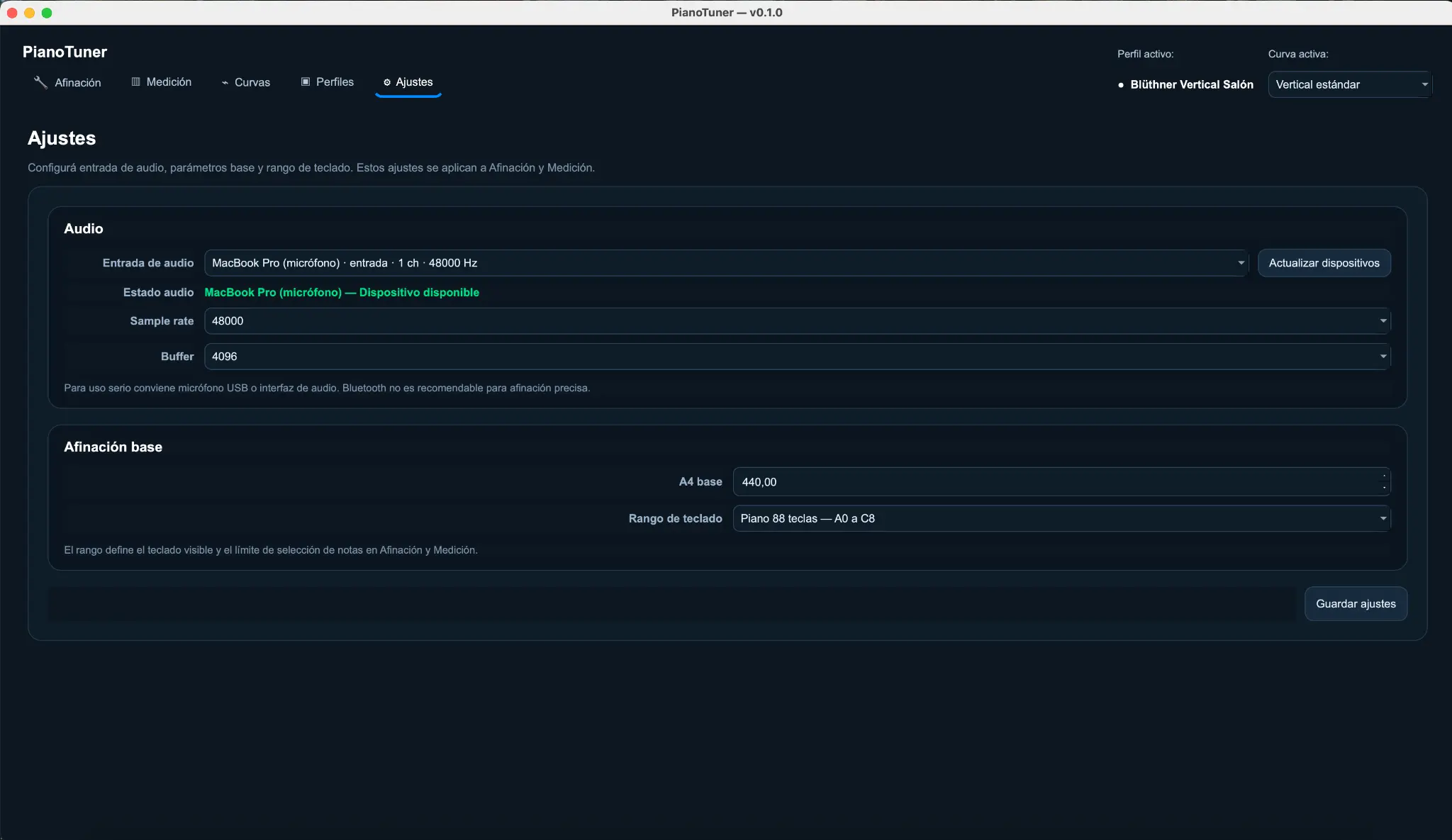 Captura de ajustes de audio